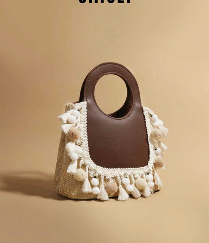VINTAGE BOHEMIAN STYLED TASSELED STRAW & PU LEATHER BEACH BAG