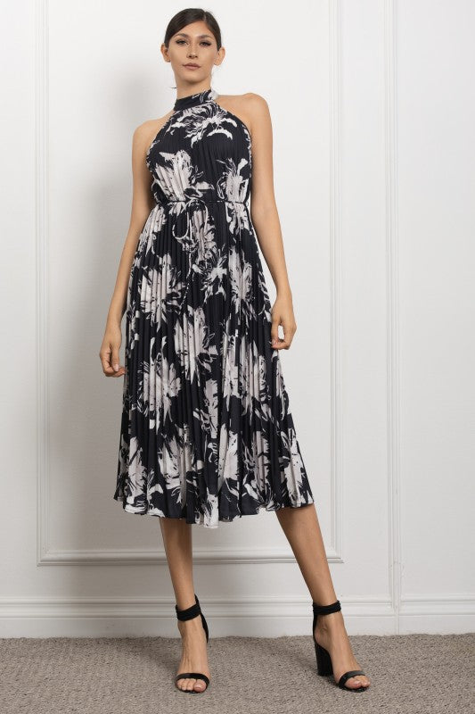 PRINTED HALTER NECK PLEATED MIDI DRESS