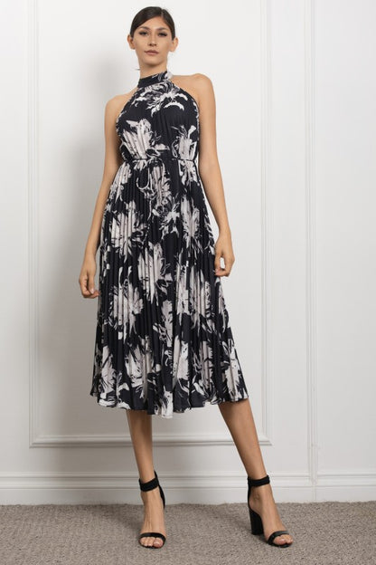 PRINTED HALTER NECK PLEATED MIDI DRESS