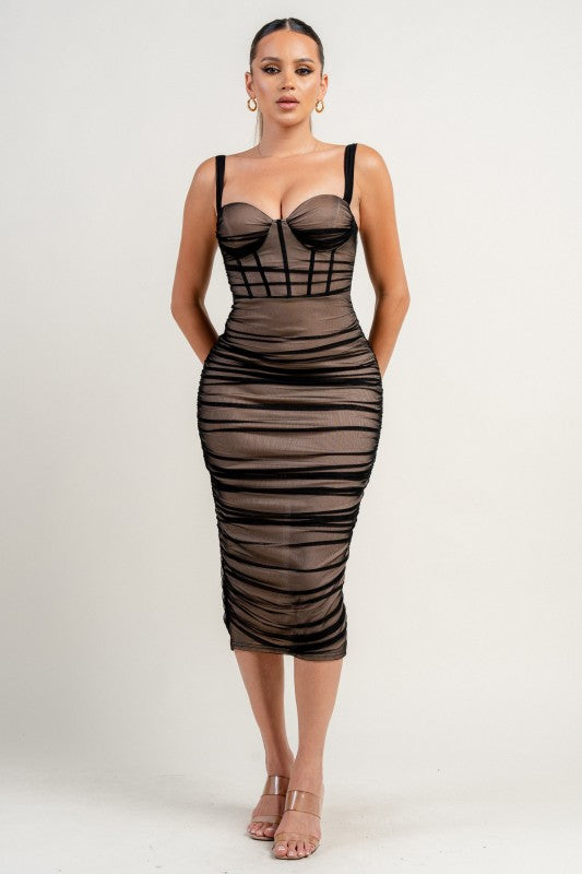 SHEER MESH CORSET SEE-THROUGH MIDI DRESS