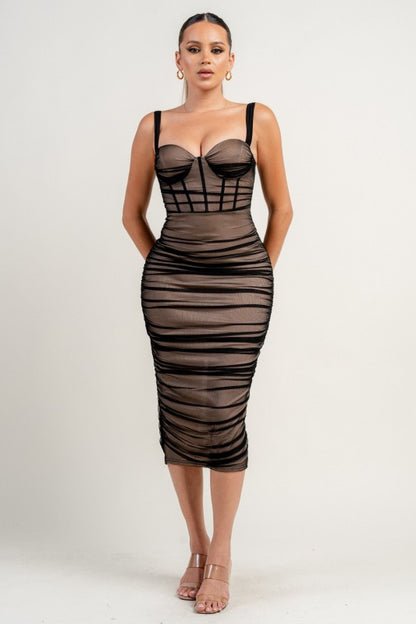 SHEER MESH CORSET SEE-THROUGH MIDI DRESS