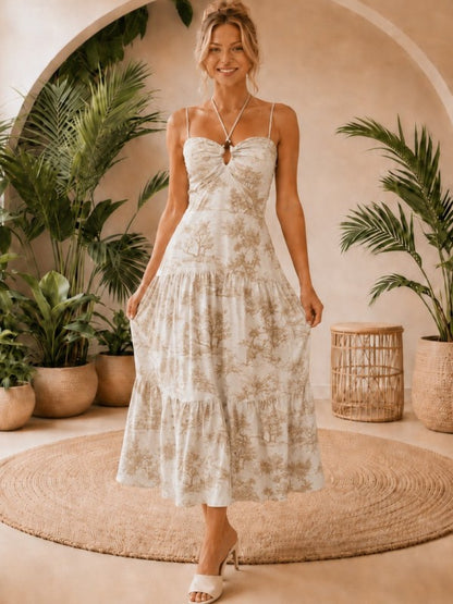 LINEN BLEND PRINTED TOILE FRONT CUT OUT MIDI DRESS
