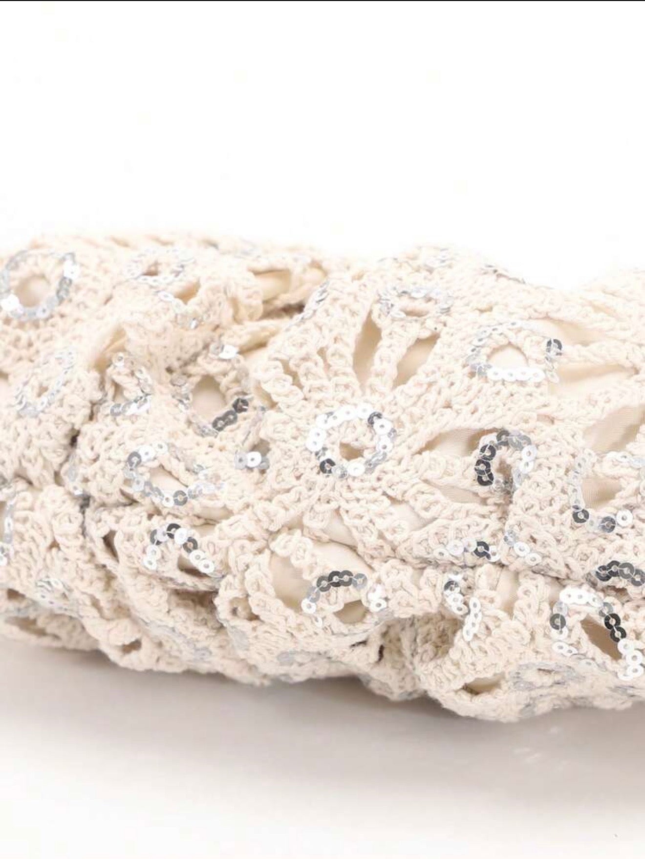 PVC SEQUINS PLEATED CLOUD MESH EMBROIDERED CLUTCH BAG