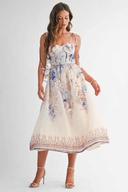 FLORAL CHIFFON TIE-STRAP MIDI SUMMER DRESS