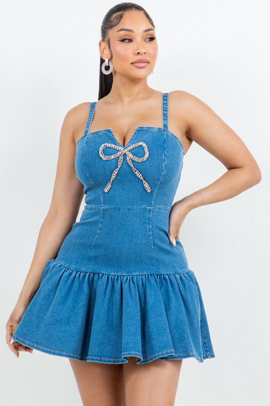 RHINESTONE BOW DENIM MINI DRESS