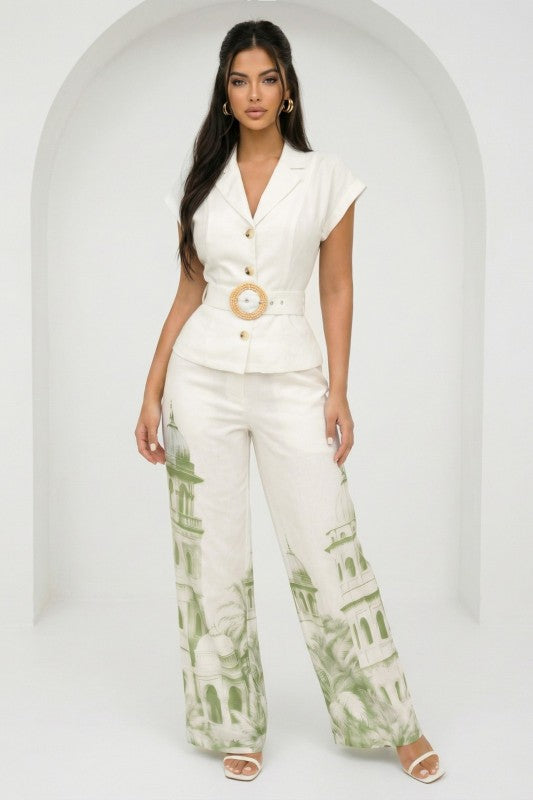 SOLID V-NECK BELTED TOP PRINTED PANTS SET