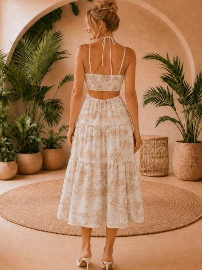 LINEN BLEND PRINTED TOILE FRONT CUT OUT MIDI DRESS