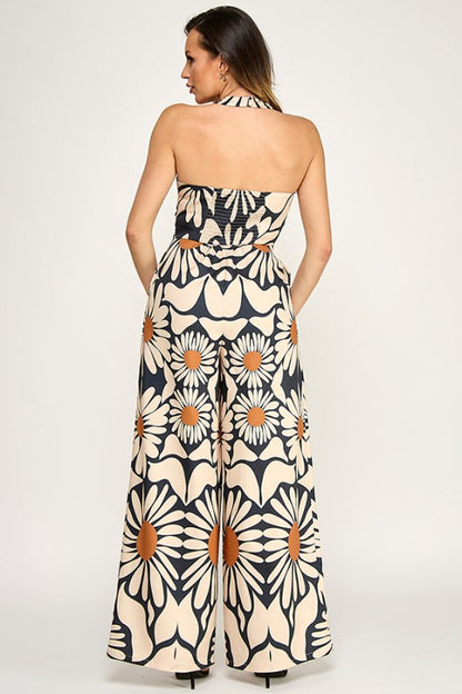 PRINTED HALTER NECK SLEEVELESS JUMPSUIT