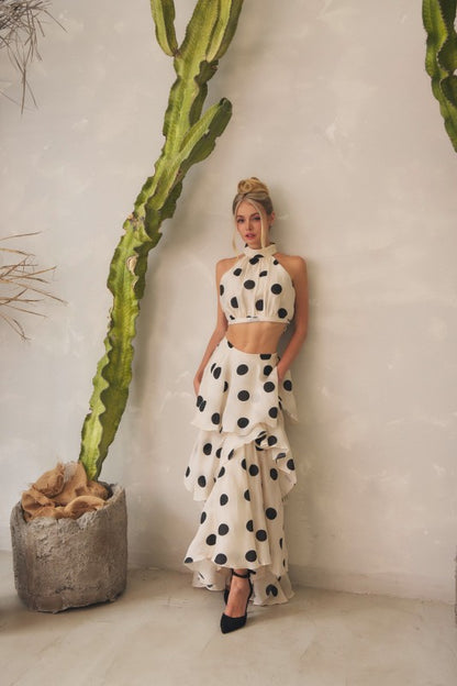 POLKA DOT HALTER NECK TOP & LAYERED MAXI SKIRT SET