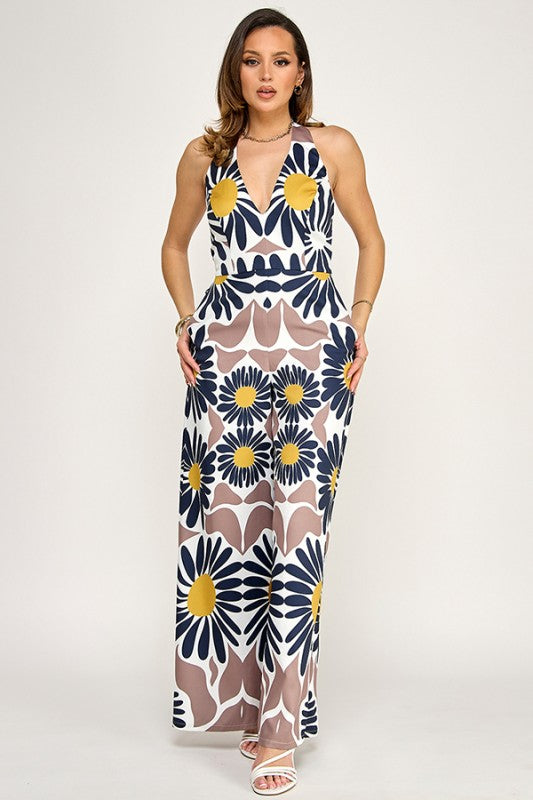 PRINTED HALTER NECK SLEEVELESS JUMPSUIT