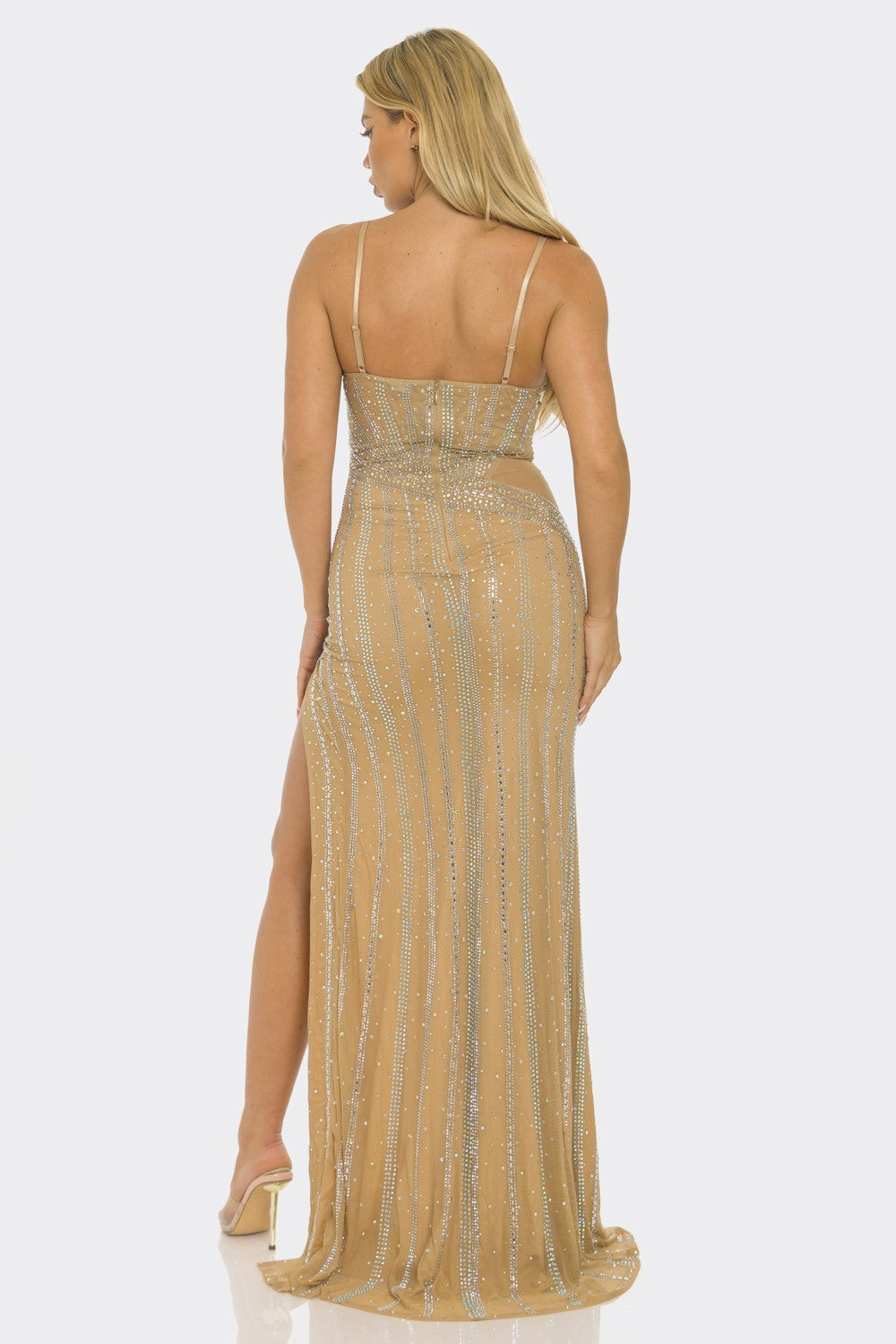 RHINESTONE V-NECK SLEEVELESS MAXI Cocktail DRESS