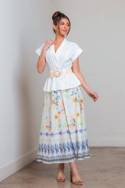 BELTED FLORAL PRINTED MIDI DRESS