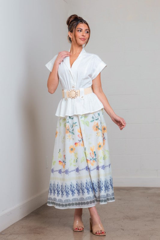 BELTED FLORAL PRINTED MIDI DRESS