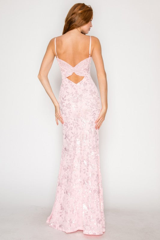 FLORAL SEQUIN MERMAID MAXI COCKTAIL DRESS