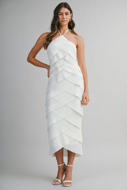 PLEATED HALTER LAYERED DIAGONAL RUFFLE MIDI DRESS