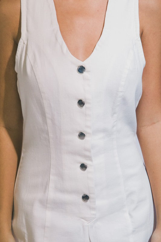 V NECK BUTTON DOWN DENIM ROMPER