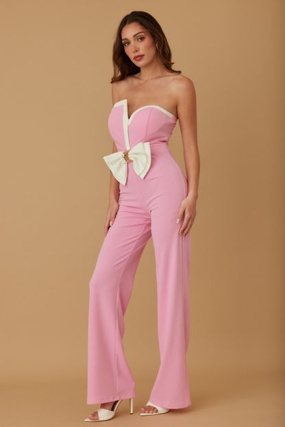 RIBBON BOW UNEVEN STRAPLESS JUMPSUIT