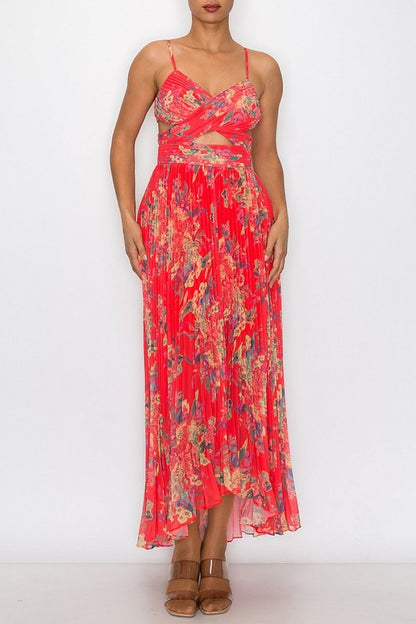 FLORAL PRINT SLEEVELESS PLEATED MAXI DRESSES