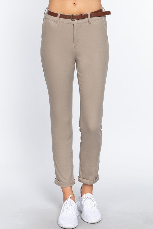 COTTON SPANDEX TWILL LONG PANTS WITH BELT