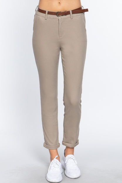 COTTON SPANDEX TWILL LONG PANTS WITH BELT