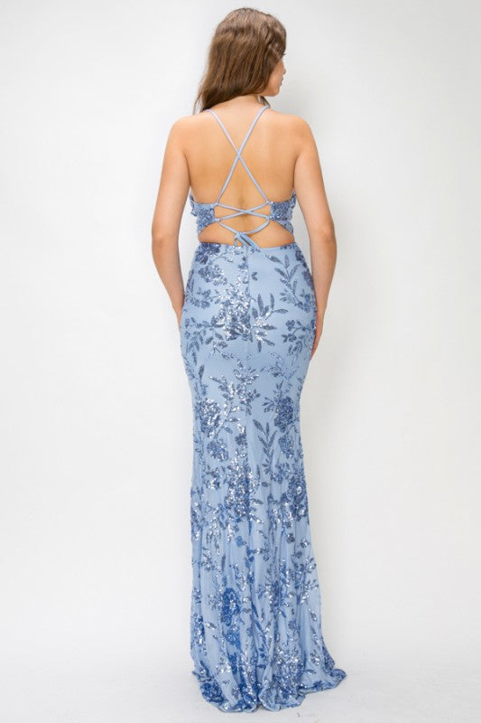 FLORAL SEQUIN MERMAID MAXI COCKTAIL DRESS