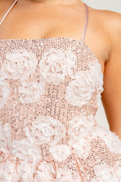 STRAPY OPEN BACK 3D SEQUIN LACE MINI PARTY DRESS