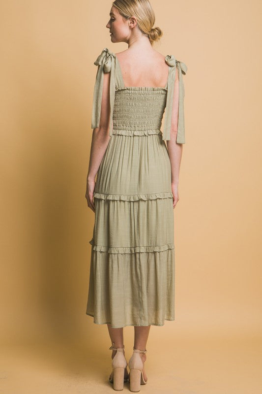 PLEATED SMOCKED MIDI DRESS
