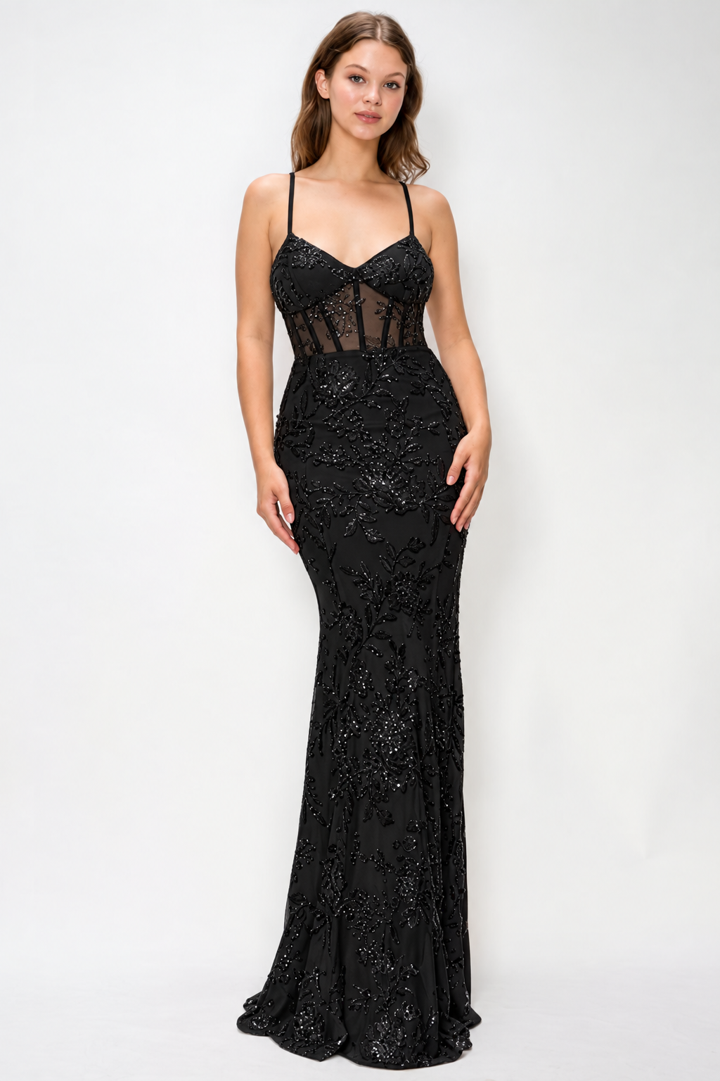 FLORAL SEQUIN MERMAID MAXI COCKTAIL DRESS
