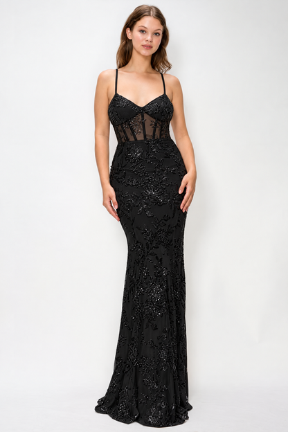 FLORAL SEQUIN MERMAID MAXI COCKTAIL DRESS