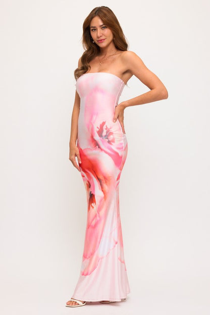 FLORAL TUBE NECKLINE MERMAID MAXI PRINTED DRESS