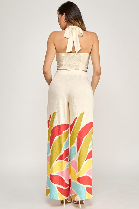 BORDER PRINTER HALTER NECK TOP PANTS SET WITH SPIRAL TRIM DETAIL