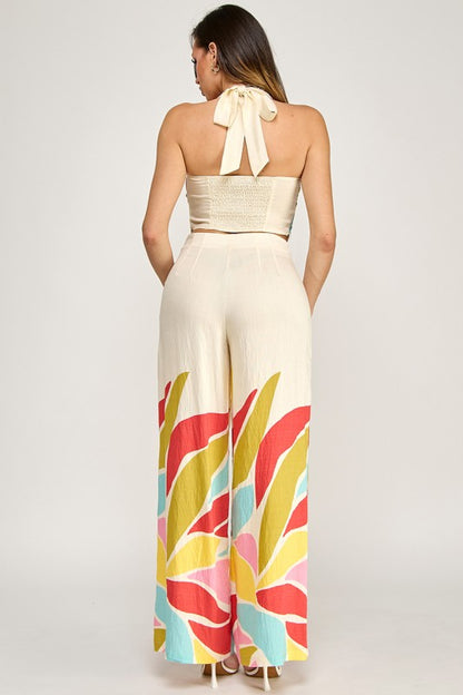BORDER PRINTER HALTER NECK TOP PANTS SET WITH SPIRAL TRIM DETAIL