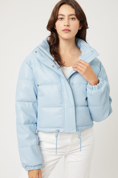 PU Faux Leather Puffer Jacket With Snap Closure