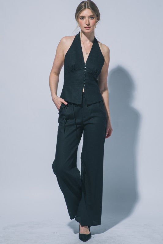 HALTER NECK LINEN TIE FRONT VEST PANTS SET