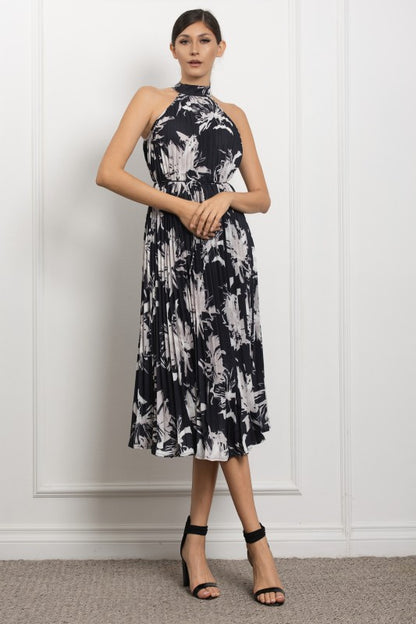 PRINTED HALTER NECK PLEATED MIDI DRESS