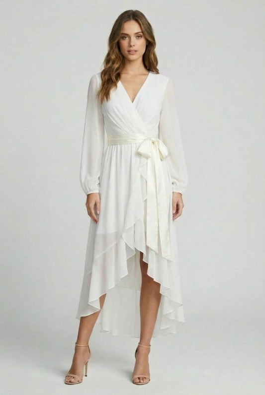CHIFFON WRAP FRONT LONG SLEEVE HI LO DRESS