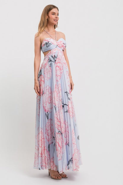 HALTER NECK OPEN BACK PLEATED MAXI DRESS