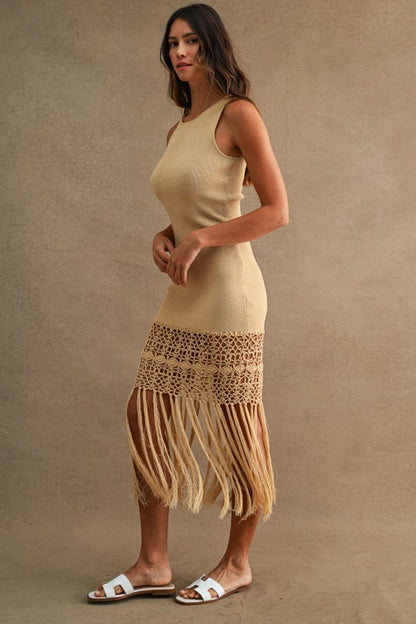 CROCHET FRINGE HEM KNIT MIDI DRESS