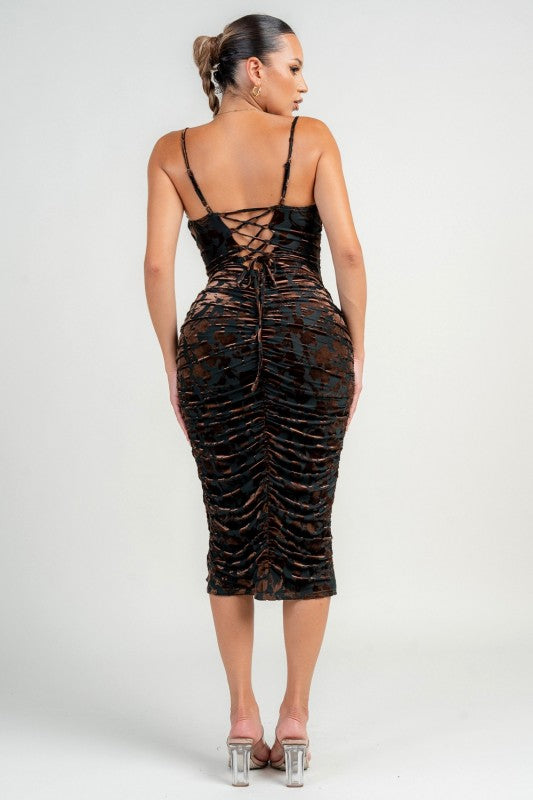 COWL NECK LACE UP BACK RUCHING MIDI DRESS
