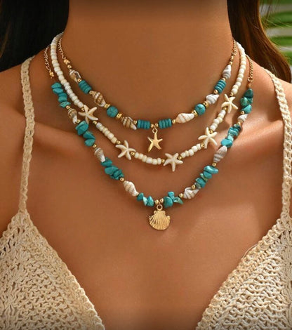 3pcs Set Turquoise Shell & Pearl Beaded Necklace