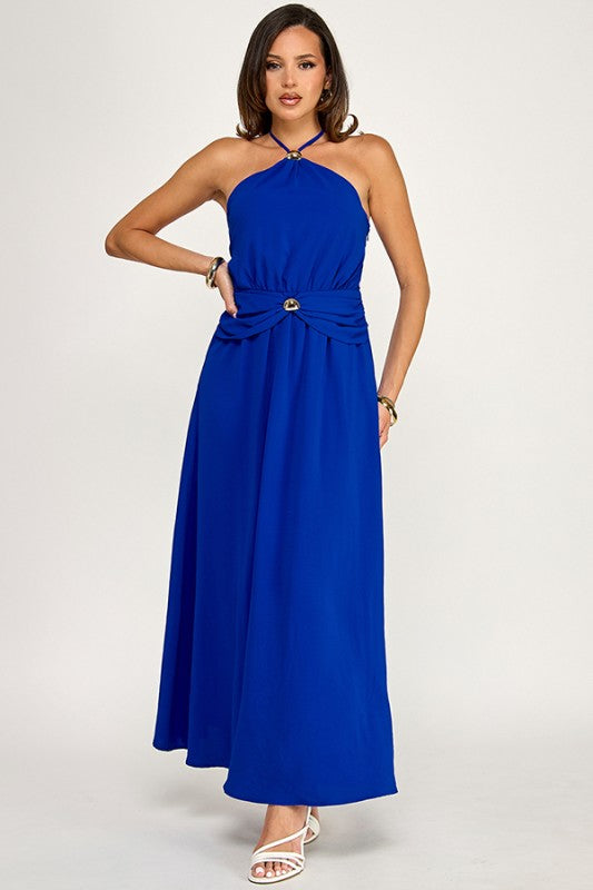 HALTER NECK MAXI DRESS WITH GOLD METAL TRIMS