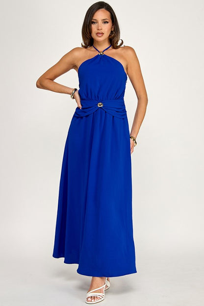 HALTER NECK MAXI DRESS WITH GOLD METAL TRIMS