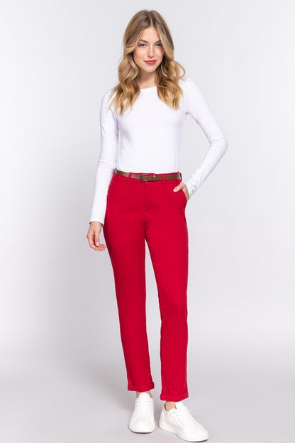 COTTON SPANDEX TWILL LONG PANTS WITH BELT