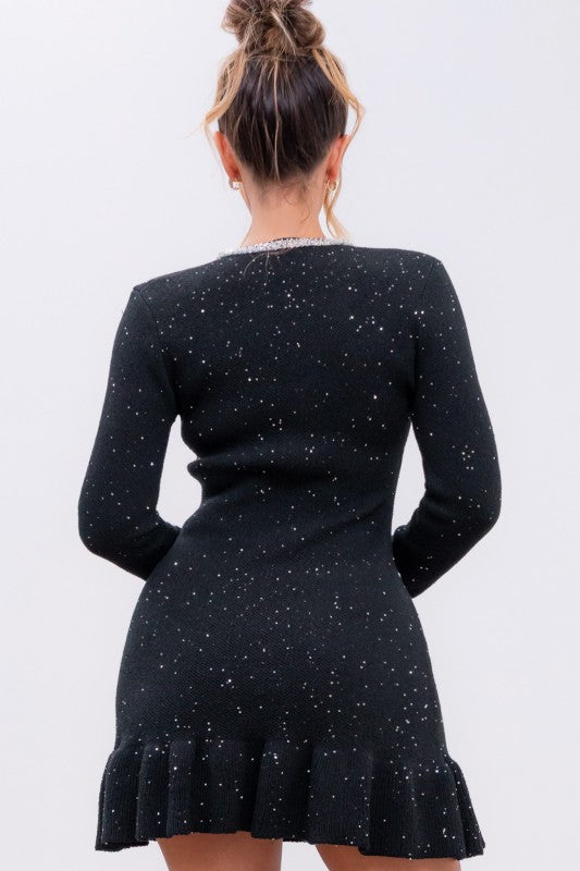 SEQUIN V NECK RUFFLE MINI DRESS