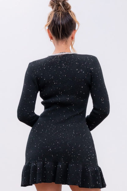 SEQUIN V NECK RUFFLE MINI DRESS