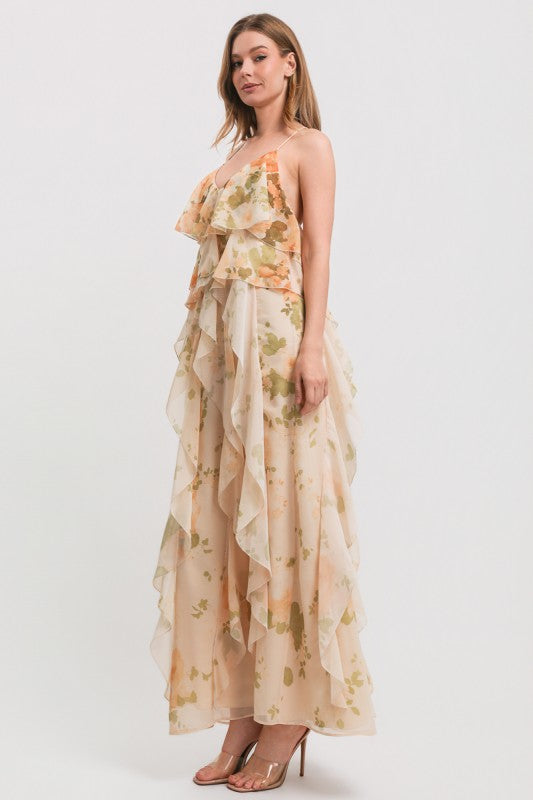 FLOWER PRINT SPAGHETTI STRAP OPEN BACK RUFFLE MAXI DRESS