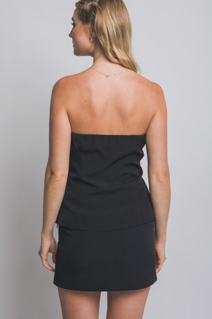 STRAPLESS GOLDEN BUTTON TOP AND MINI SKIRT SET