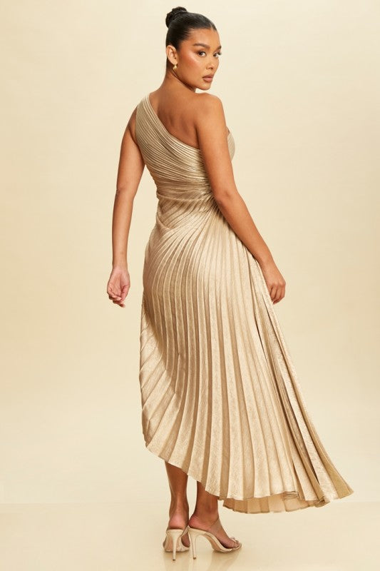 METALLIC PLEATED ONE SHOULDER DRESS