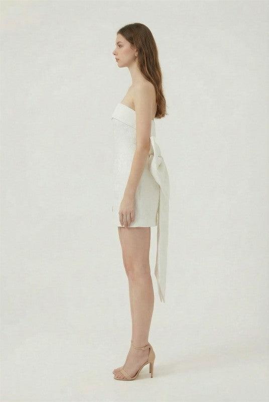 BACK BOW DETAIL PRINTED JACQUARD TUBE BODYCON MINI PARTY DRESS