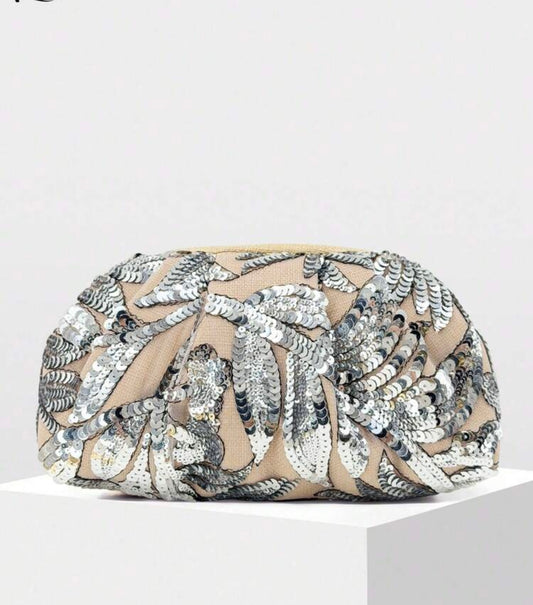 VINTAGE EMBROIDERED SEQUINED SUMMER RUCHED CLUTCH BAG
